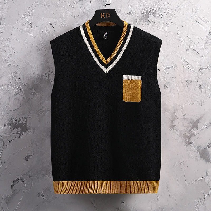 Herren ärmellose Strickjacke mit V-Ausschnitt und Farbblockdesign Aliams