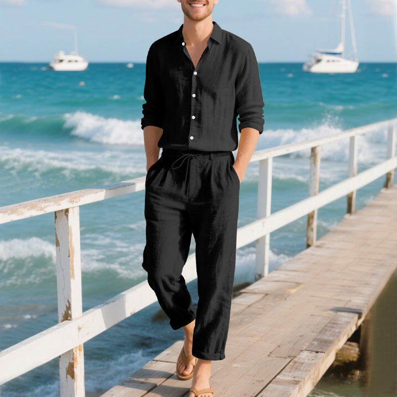 Herren entspannte Leinenhose mit verstellbarem Kordelzug und elastischem Bund Aliams