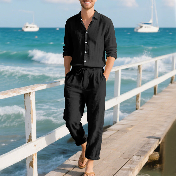 Herren entspannte Leinenhose mit verstellbarem Kordelzug und elastischem Bund Aliams