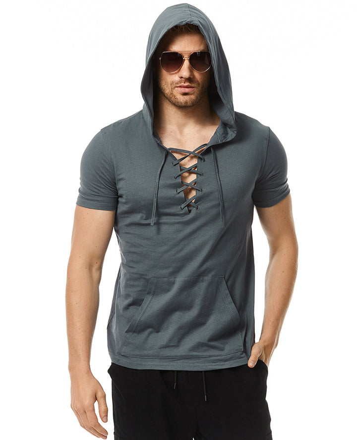 Herren Hoodie T-Shirt mit V-Ausschnitt und Kängurutasche Aliams