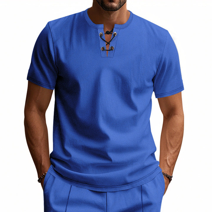 Herren Kurzarm-Henley-T-Shirt mit dekorativem Knopfverschluss Aliams