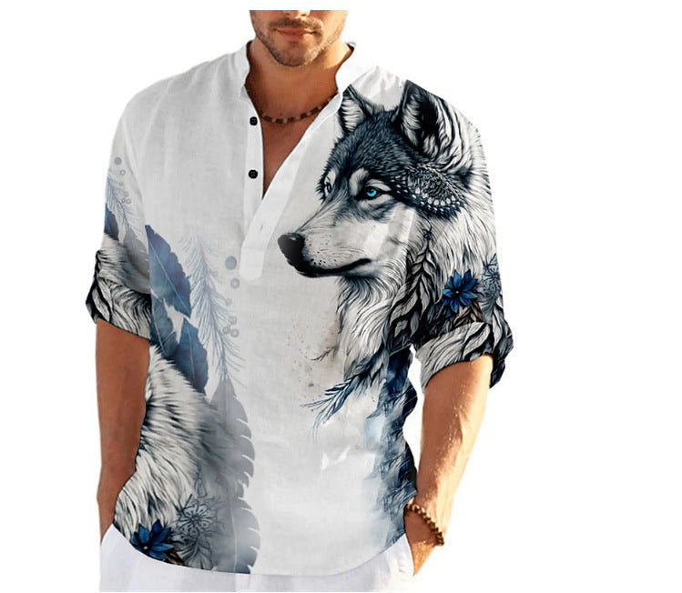 Herren Kurzarm-Hemd mit einzigartigem Wolfsmotiv Aliams
