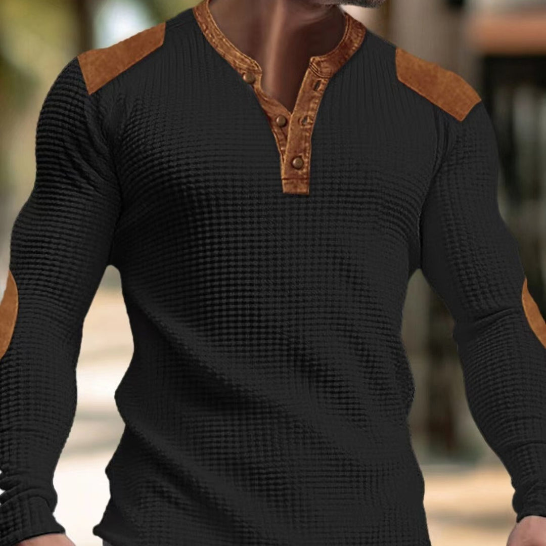 Herren strukturiertes Langarmshirt mit modischen Lederapplikationen Aliams