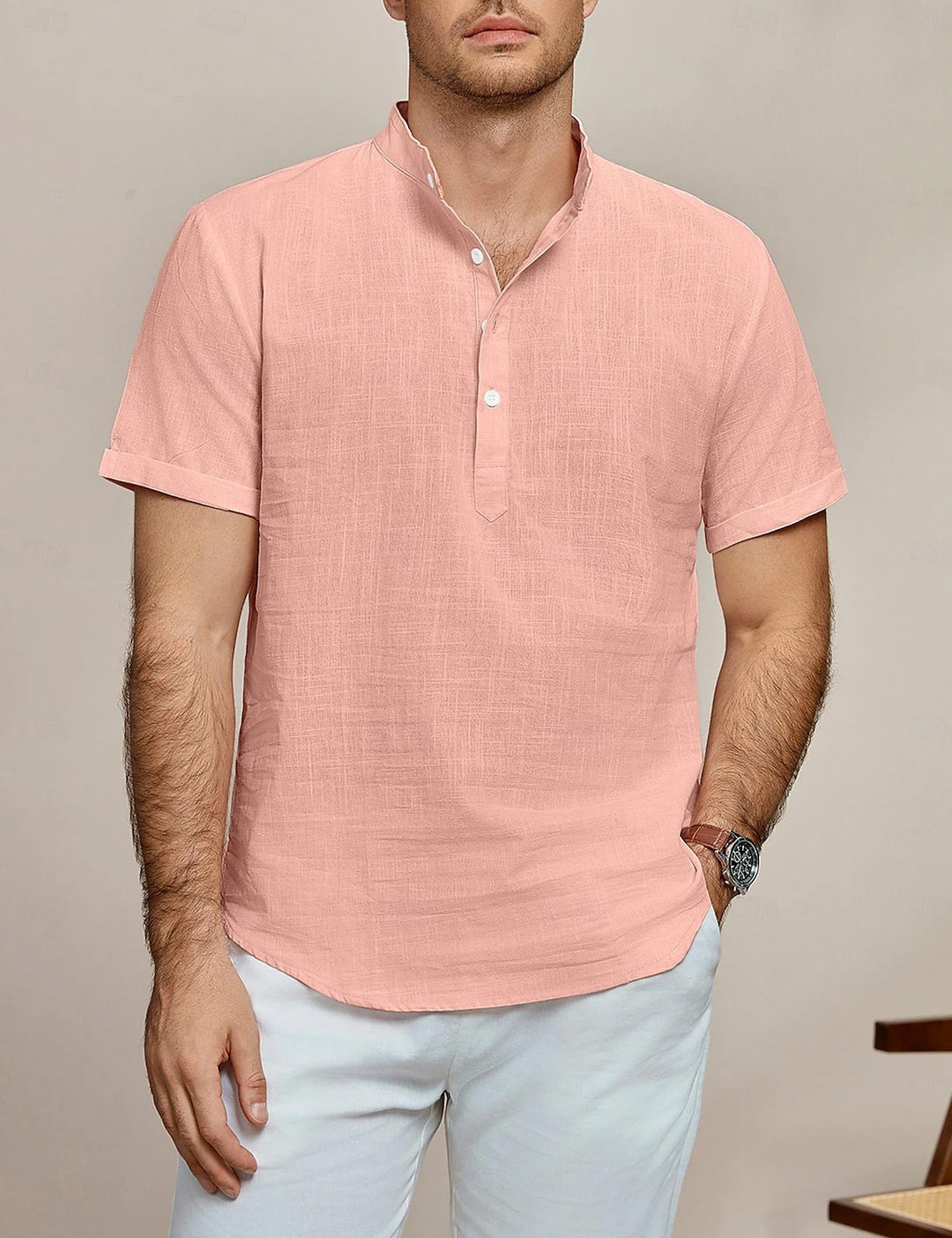 Herren Kurzarm Leinenhemd mit Stehkragen Aliams