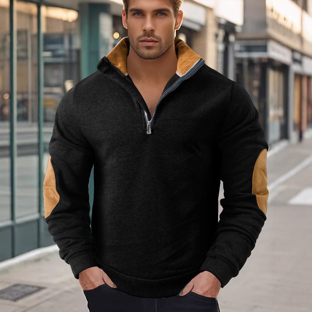 Herren Sweatshirt mit modernem Stehkragen und Lederbesätzen Aliams