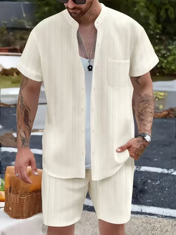 Herren Sommer Kurzarm-Anzug mit leicht strukturierter Oberfläche und praktischen Taschen Aliams