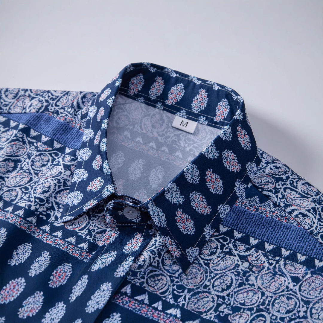 Herren Kurzarmhemd mit ethnischem Muster und modernem Stehkragen Aliams