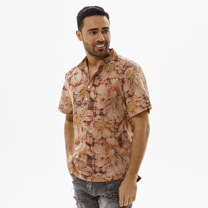 Herren Kurzarm-Hemd mit floralem Muster und modischem Stehkragen Aliams