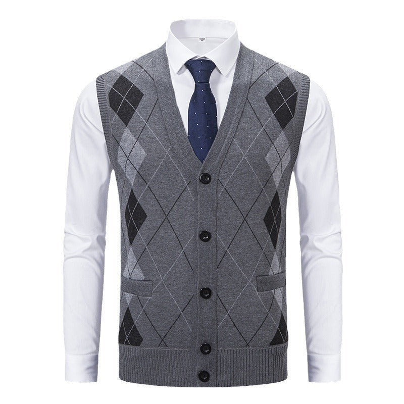 Herren elegante Strickjacke mit Rautenmuster und praktischen Taschen Aliams