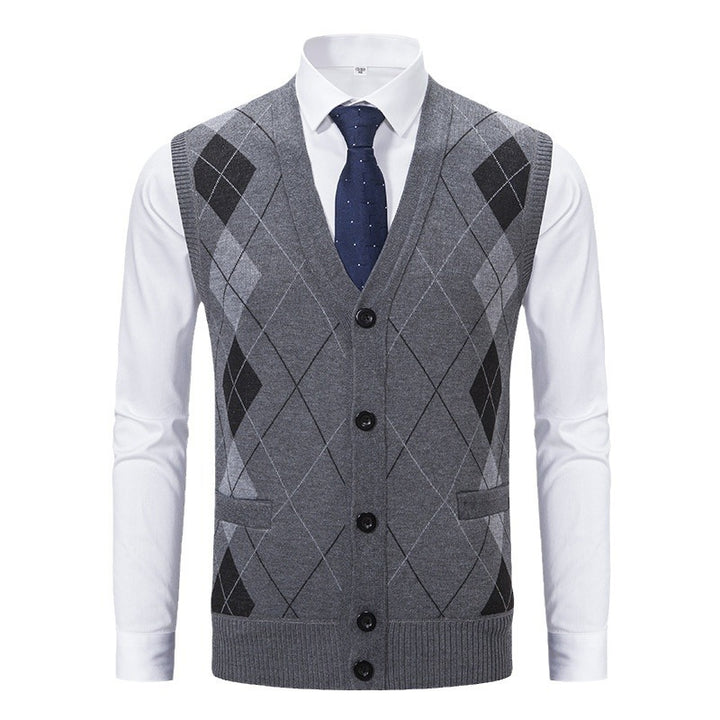 Herren elegante Strickjacke mit Rautenmuster und praktischen Taschen Aliams