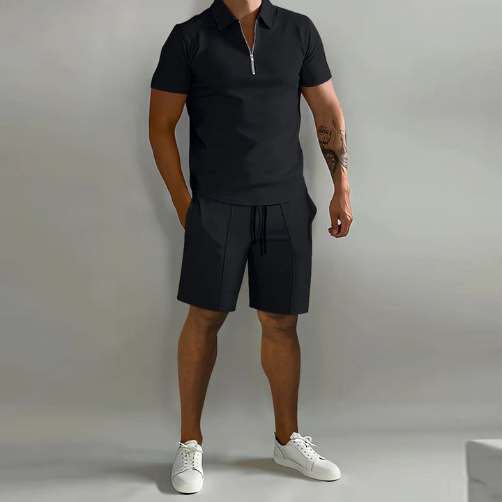 Herren sportliches Kurzarm-Poloshirt mit Reißverschluss und passenden Shorts Aliams