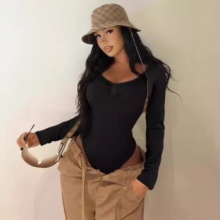 Damen Elegant geschnittener Langarm-Bodysuit mit Rüschendetails Aliams