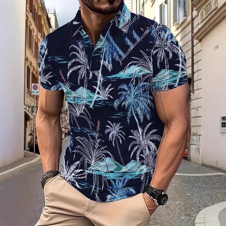 Herren Poloshirt mit tropischem Palmenmuster und atmungsaktiver Baumwollqualität Aliams