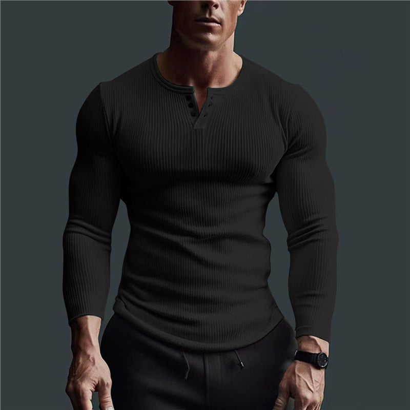 Herren eng anliegendes Langarmshirt mit Rippstruktur und Knopfleiste Aliams
