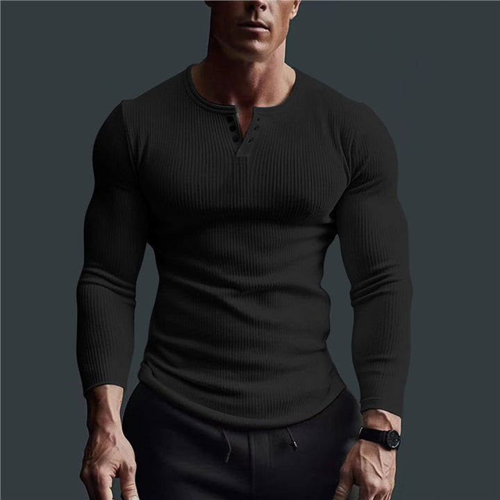 Herren eng anliegendes Langarmshirt mit Rippstruktur und Knopfleiste Aliams