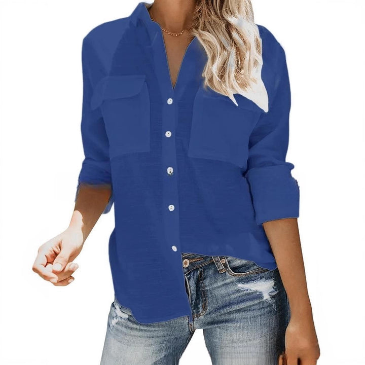 Damen leichte Sommerbluse mit zwei Brusttaschen und aufgerollten Ärmeln Aliams