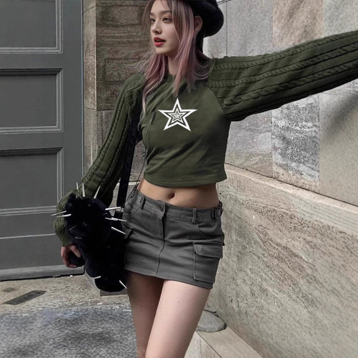 Damen Cropped Pullover mit grafischem Sternenmotiv und strukturiertem Armdesign Aliams