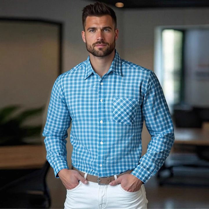 Herren karierter Langarmhemd mit Brusttasche Aliams