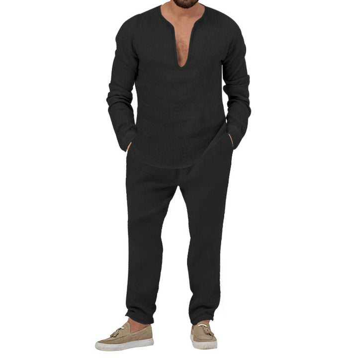 Herren Elegantes Leinen-Loungewear-Set mit Stehkragen Aliams