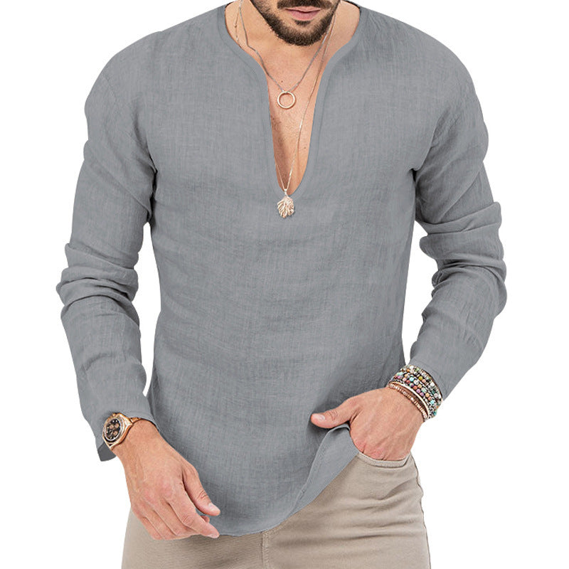 Herren stilvolles Langarm-Henley-Hemd aus atmungsaktivem Leinen Aliams