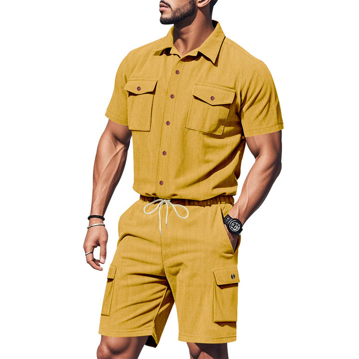 Herren modisches Kurzarm-Hemden- und Cargo-Shorts-Set mit praktischen Taschen und elastischem Bund Aliams