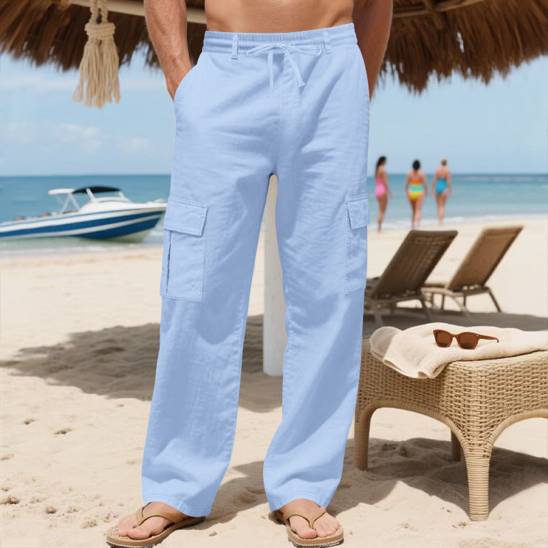 Herren Bequeme Strandcargo-Hose mit seitlichen Taschen und verstellbarem Kordelzug Aliams