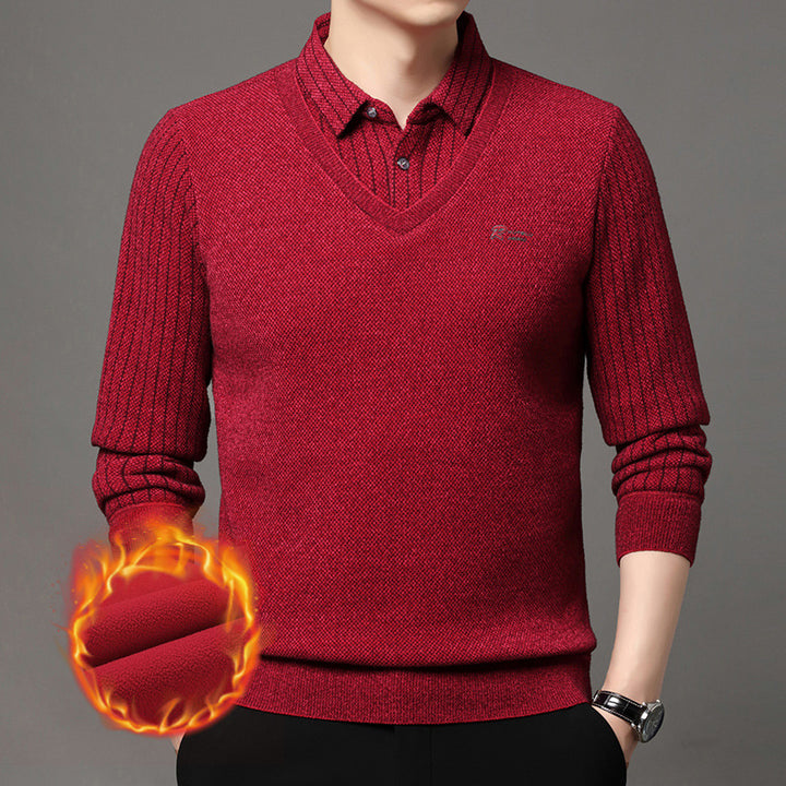 Herren eleganter V-Pullover mit strukturierten Ärmeln und klassischem Hemdkragen Aliams