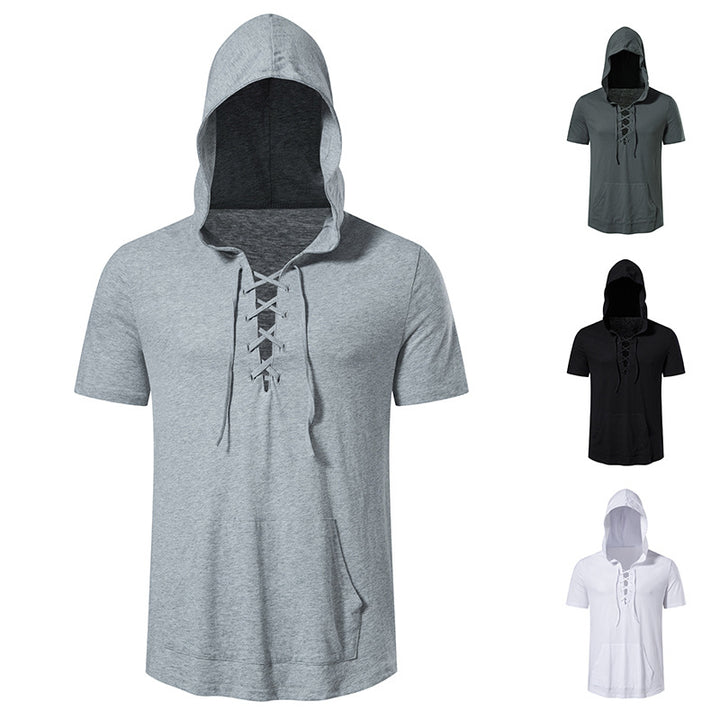 Herren Kurzarm-Hoodie mit lässigem Lacing-Design und praktischer Kängurutasche Aliams