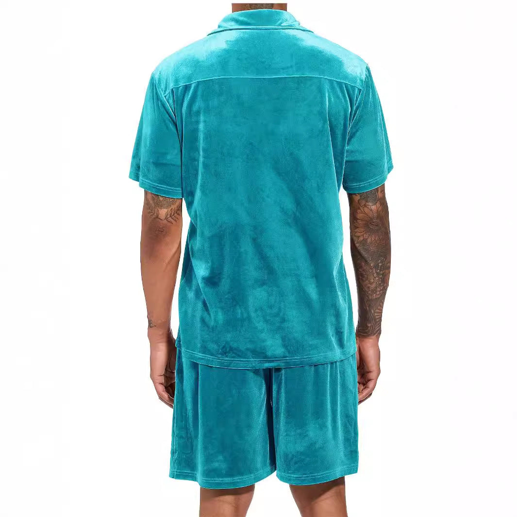 Herren Kurzarm-Hemd und Shorts-Set aus luxuriösem Samt Aliams