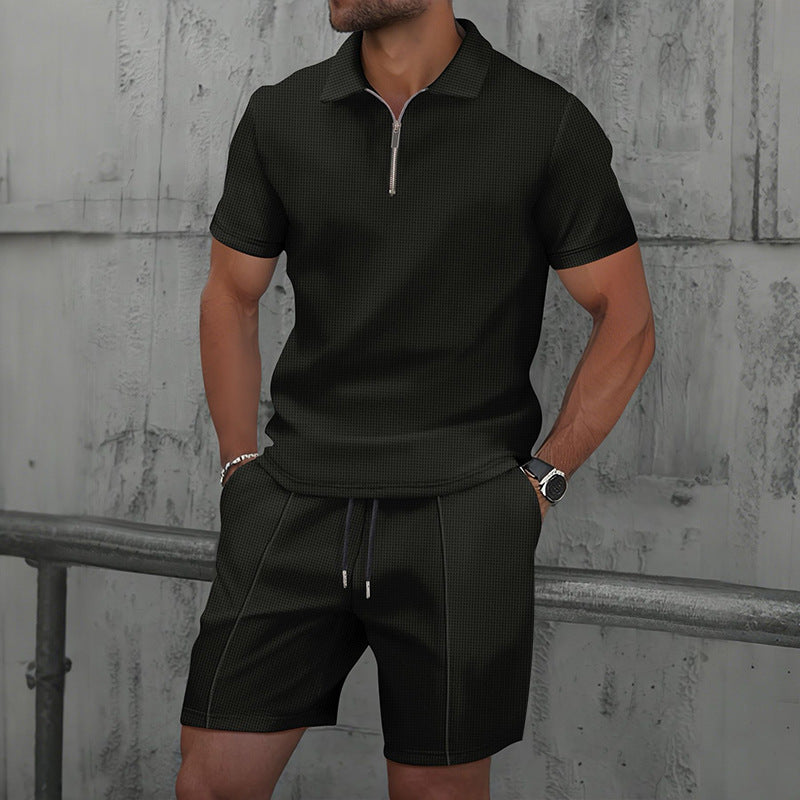 Herren sportliches Kurzarm-Poloshirt mit Reißverschluss und Shorts Aliams