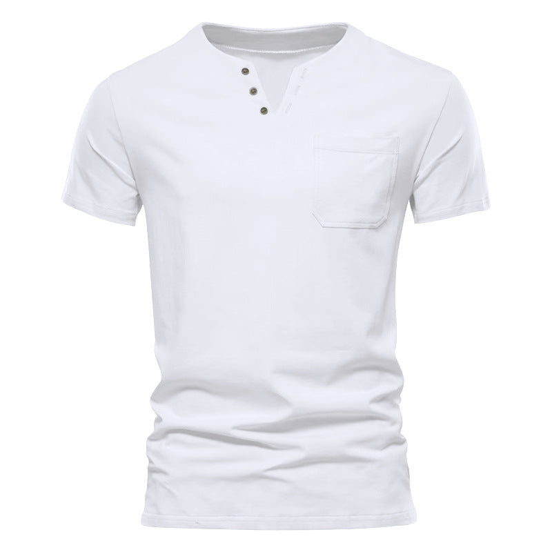 Herren Kurzarm-Henley-T-Shirt mit praktischer Brusttasche und anpassbarem Knopfverschluss Aliams
