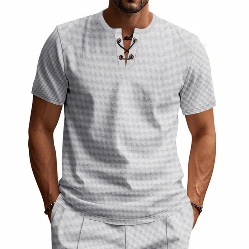 Herren Kurzarm-Henley-T-Shirt mit dekorativem Knopfverschluss Aliams
