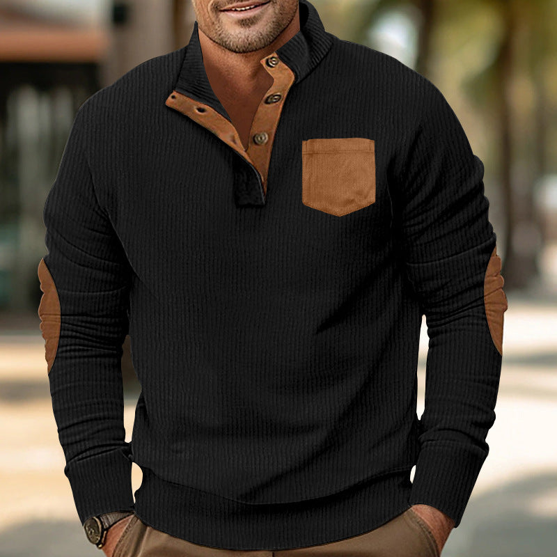 Herren eleganter Strickpullover mit Knopfleiste und kontrastierenden Ellbogenpatches Aliams