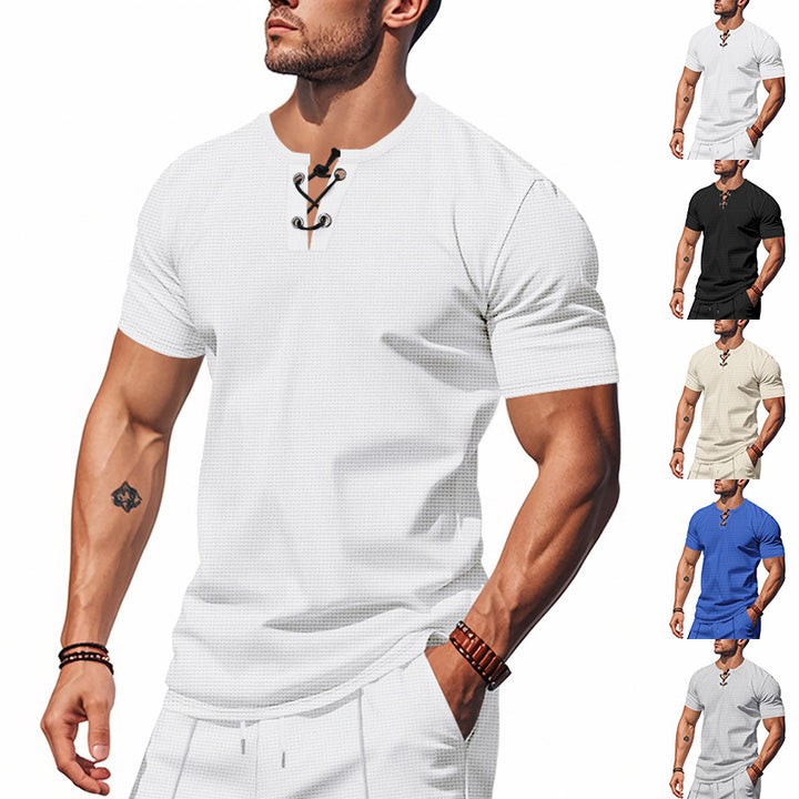Herren Kurzarm-Henley-T-Shirt mit dekorativem Knopfverschluss Aliams