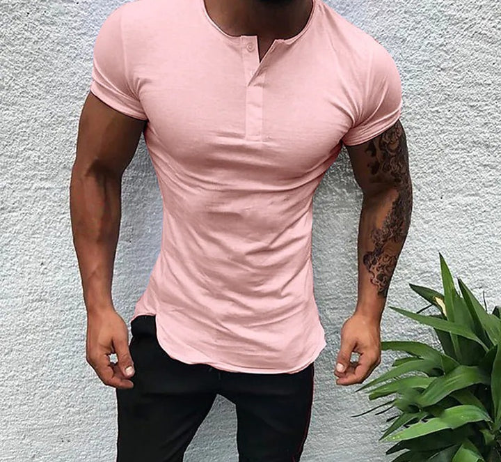 Herren Kurzarm Henley-Shirt mit figurnahem Schnitt und anpassbarem Kragen Aliams