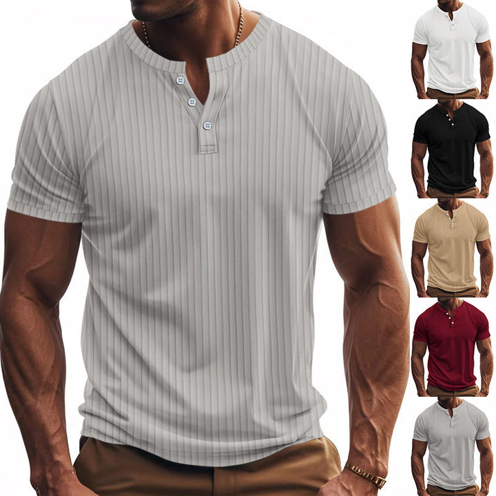 Herren Kurzarm Henley-Shirt mit Streifenmuster und praktischen Knöpfen Aliams