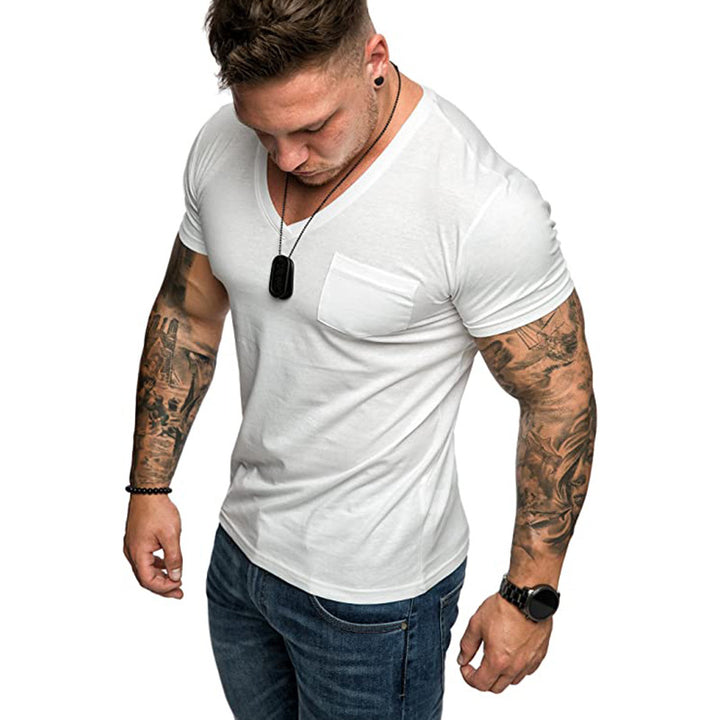 Herren V-Ausschnitt T-Shirt aus weicher Baumwolle mit Brusttasche Aliams