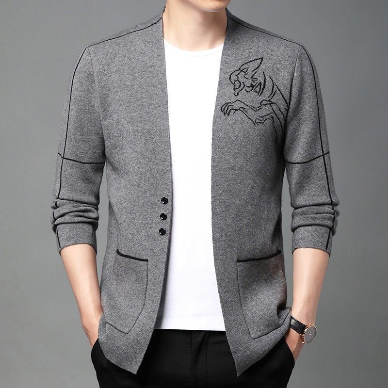 Herren elegante Strickjacke mit gesticktem Design und praktischen Taschen Aliams