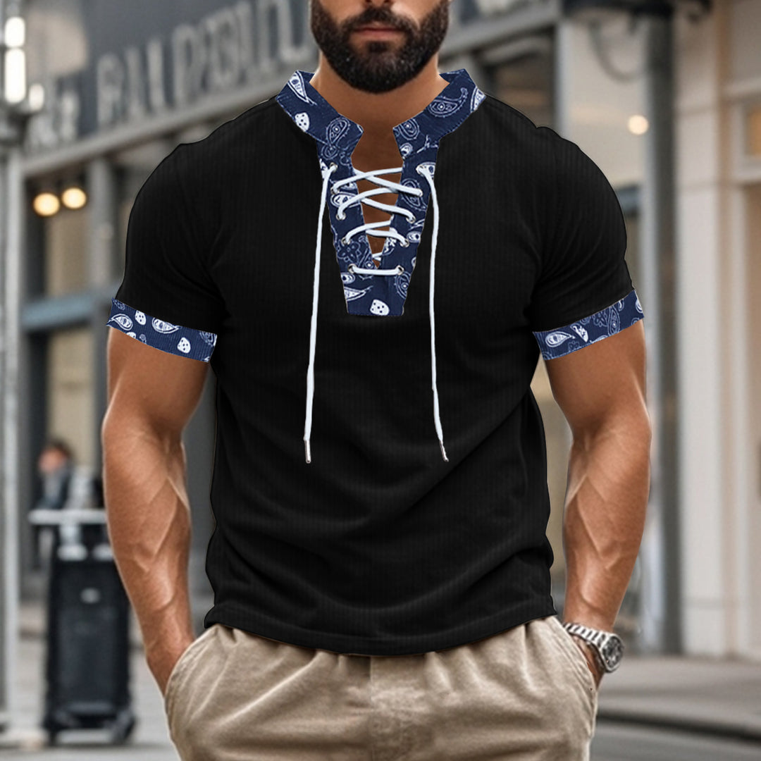 Herren Kurzarm-Henley-Shirt mit farblich abgesetztem Kragen und modischem Schnürdesign Aliams
