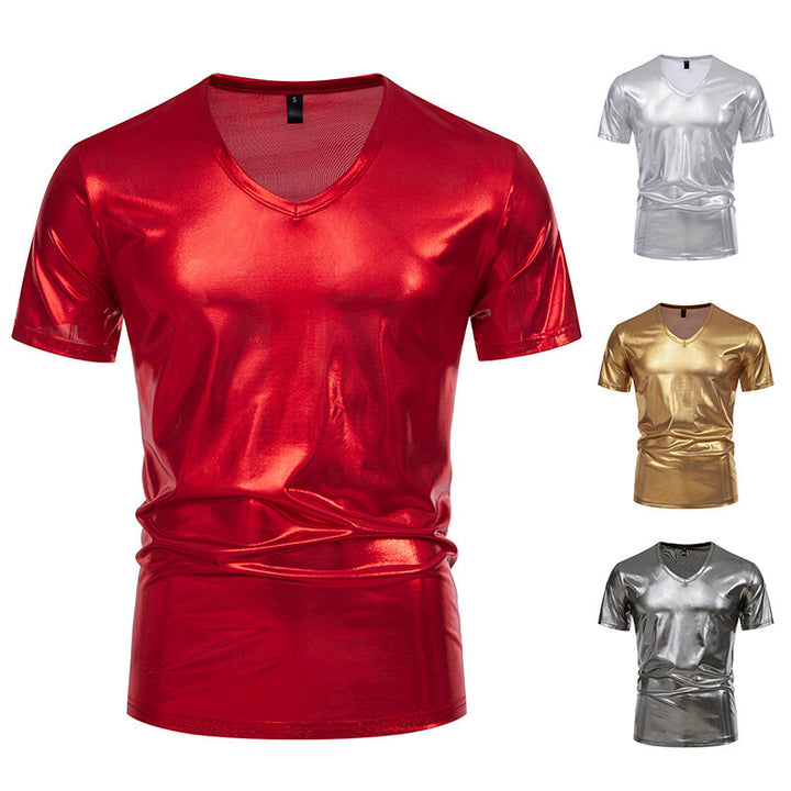 Herren V-Ausschnitt T-Shirt aus glänzendem Material mit persönlichem Stil Aliams