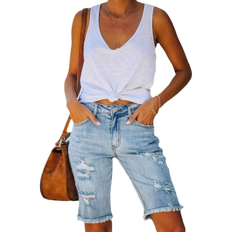 Damen Destroyed Denim Shorts Im Lässigen Schnitt mit Fransigen Säumen Aliams