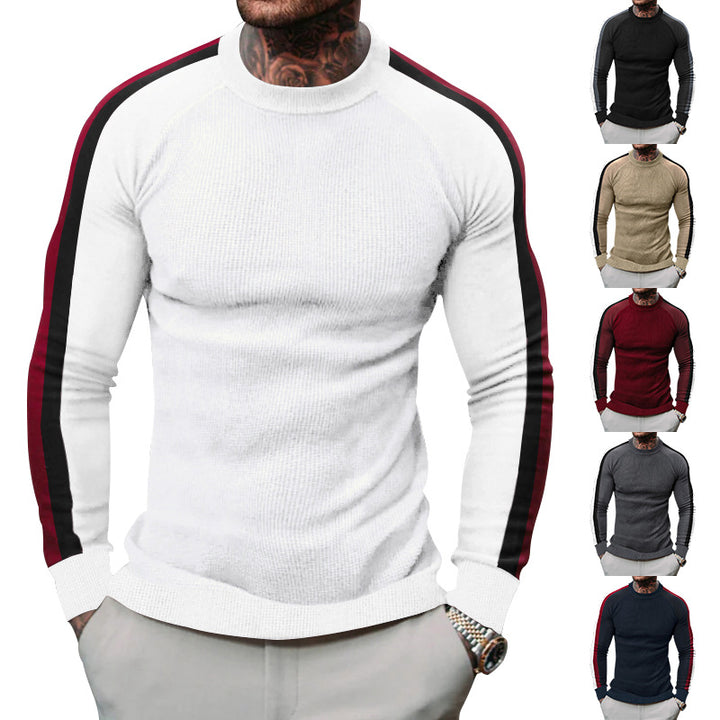 Herren sportlicher Strickpullover mit kontrastierenden Ärmeln und hohem Kragen Aliams
