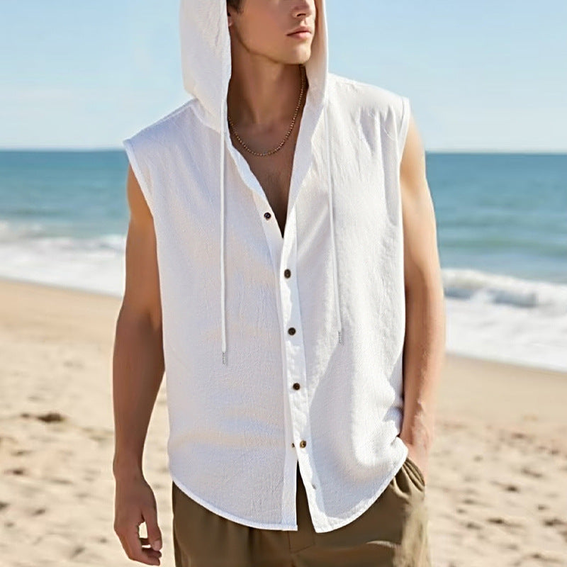 Herren ärmelloses Kapuzenshirt mit Knopfleiste und lässigem Schnitt Aliams