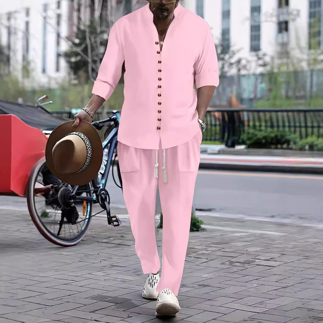 Herren Freizeit-Button-Up-Hemd und entspannt geschnittene Hose Set Aliams