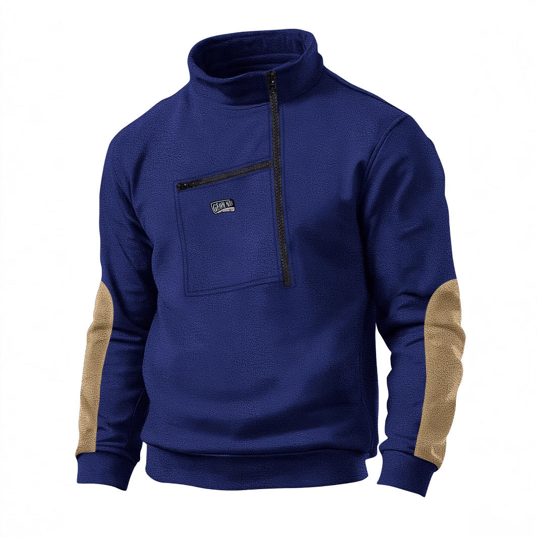 Herren Fleece-Pullover mit dickem Kragen und praktischer Brusttasche Aliams