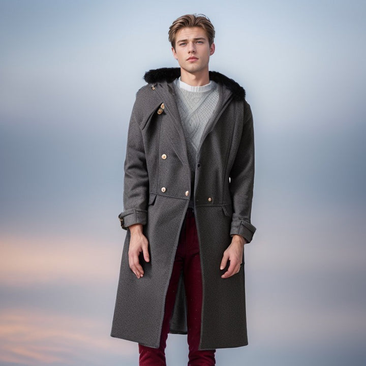 Herren eleganter Langmantel mit luxuriösem Fellkragen Aliams