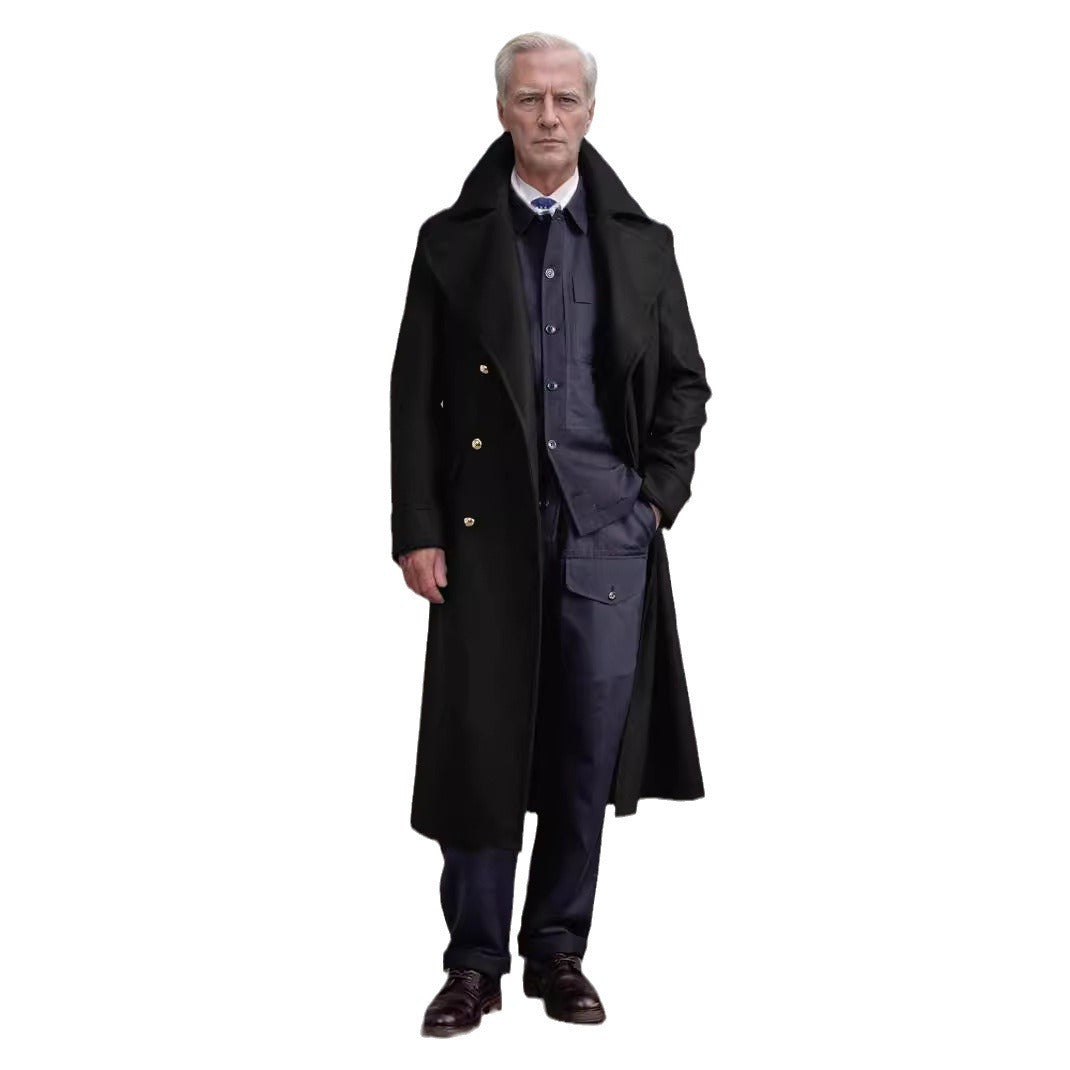 Herren eleganter Langmantel mit doppeltem Knopfverschluss und großem Revers Aliams