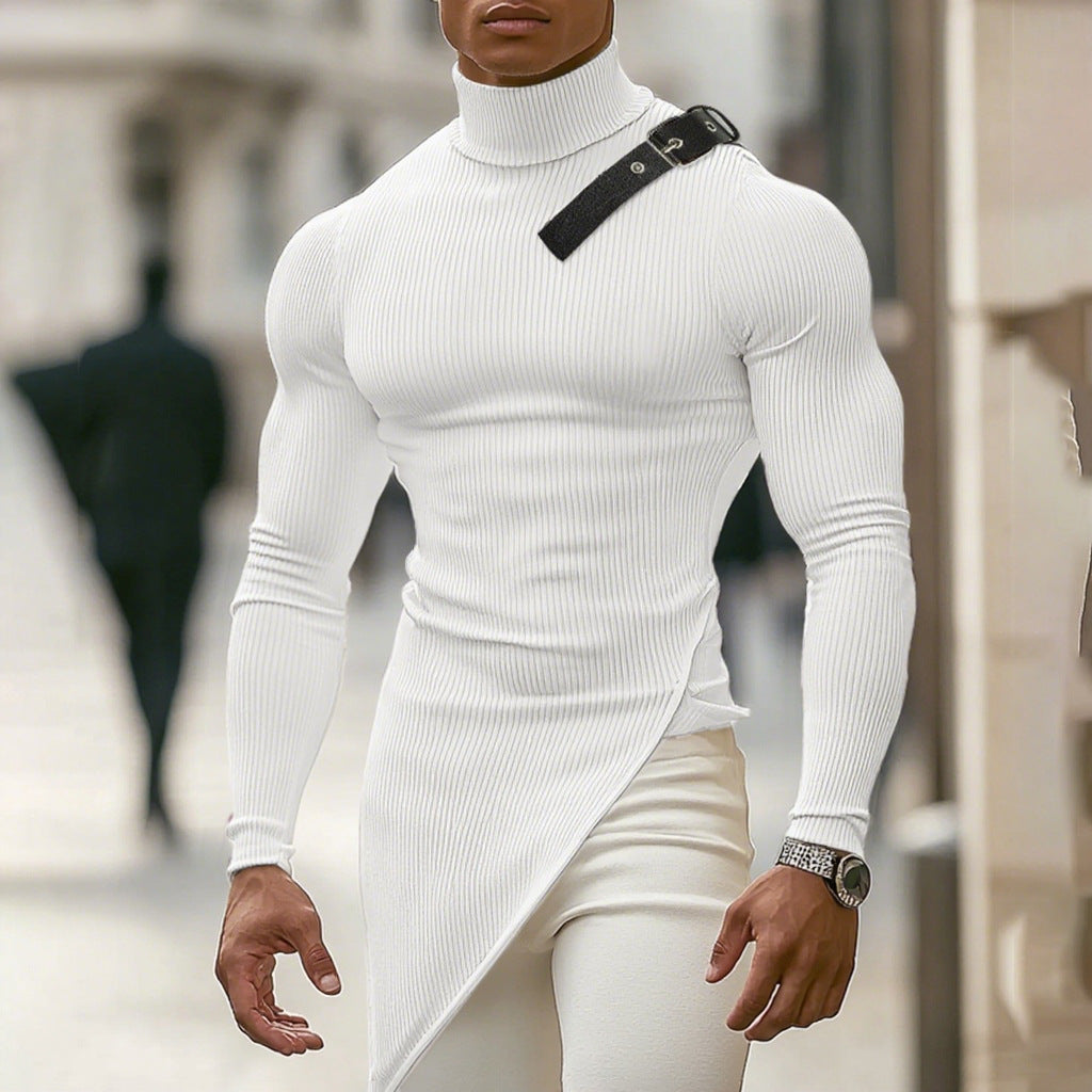 Damen asymmetrisches Longsleeve mit Stehkragen und modernem Riemen Aliams