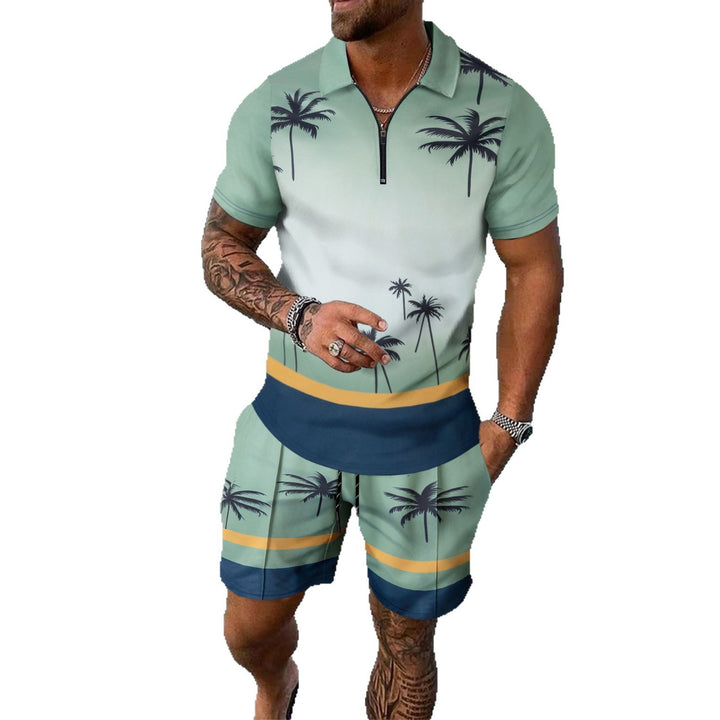 Herren Sportliches Kurzarm-Set mit einzigartigem Palmenmuster und Reißverschluss Aliams
