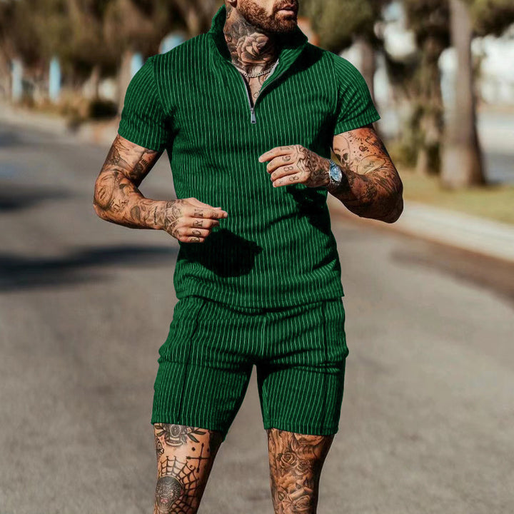 Herren Kurzarm-Jumpsuit mit modernem Reißverschluss und gestreiftem Design Aliams